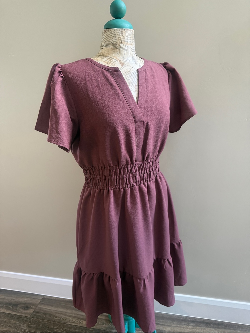Maurices Mauve Short Sleeve Smocked-Waist Mini Dress